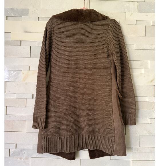 ANTHROPOLOGIE Piper Open Front Faux Fur Trim Ribbed Sweater Coat Pocket XS Brown - Picture 3 of 6